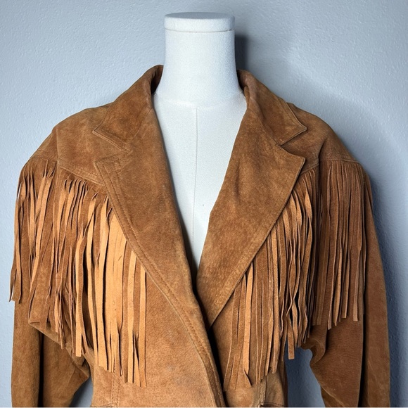 Vintage Wilson’s Leather Brown Suede Fringe Trim Diagonal Snap Button Jacket - Picture 5 of 13